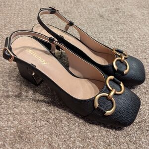 Slingback Heels, Black Leather, Size 7.5